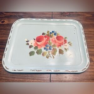 Vintage NASHCO Hand Painted Blue Floral Metal Serving Tray 1920’s - 1950’s